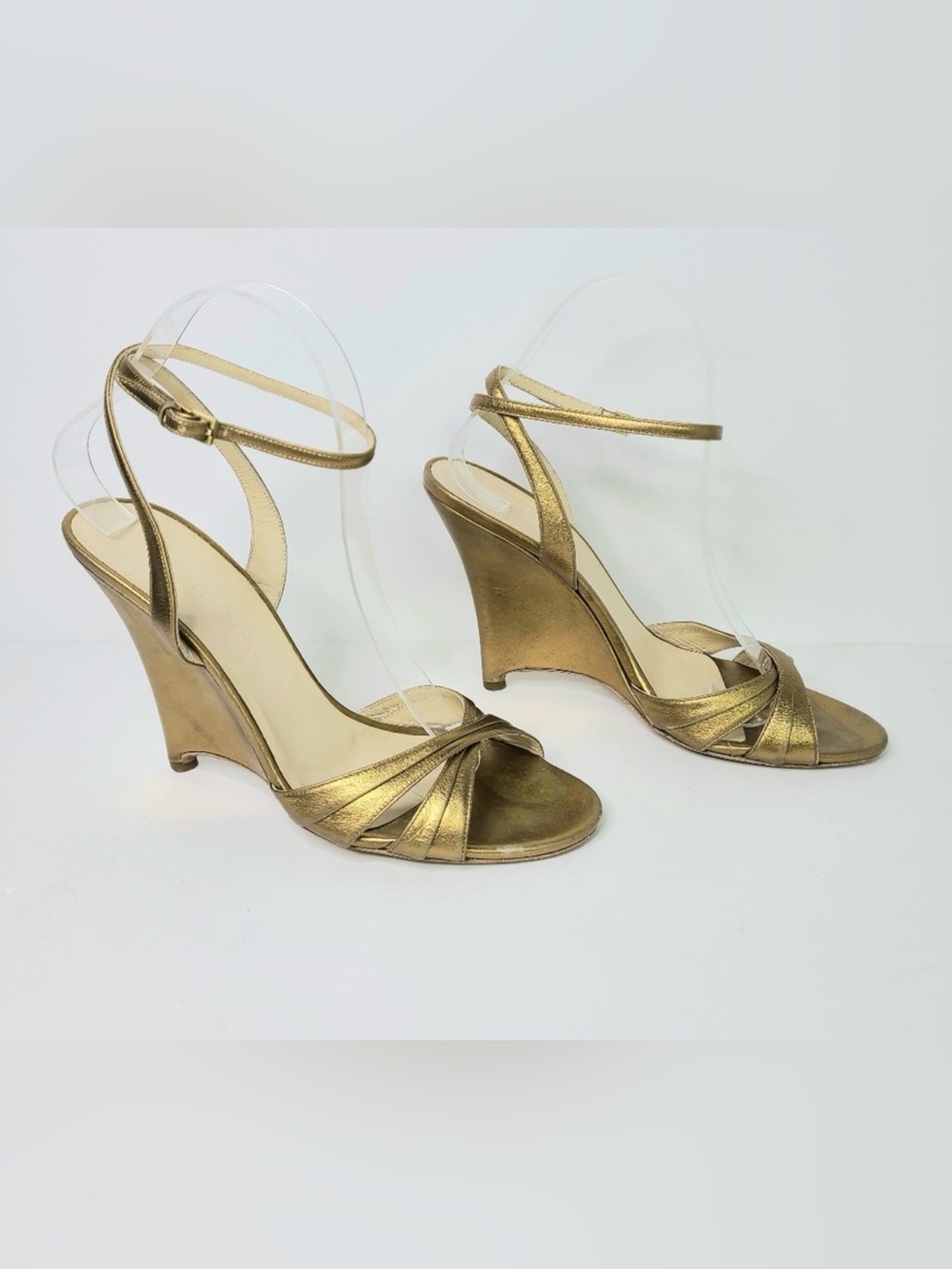 Burberry Shelma Metallic Bronze Leather Wedge Strappy Sandals - Picture 2 of 6